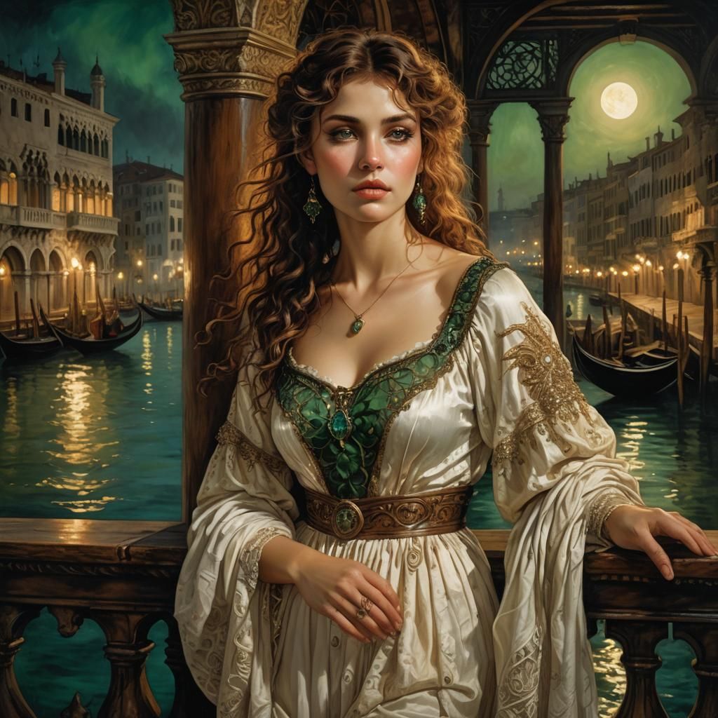 Venetian Dreamscape: Woman Overlooking Moonlit Canals