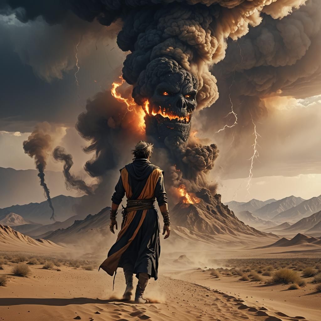 Fiery Desert Genie Emerges in Dark Fantasy Art