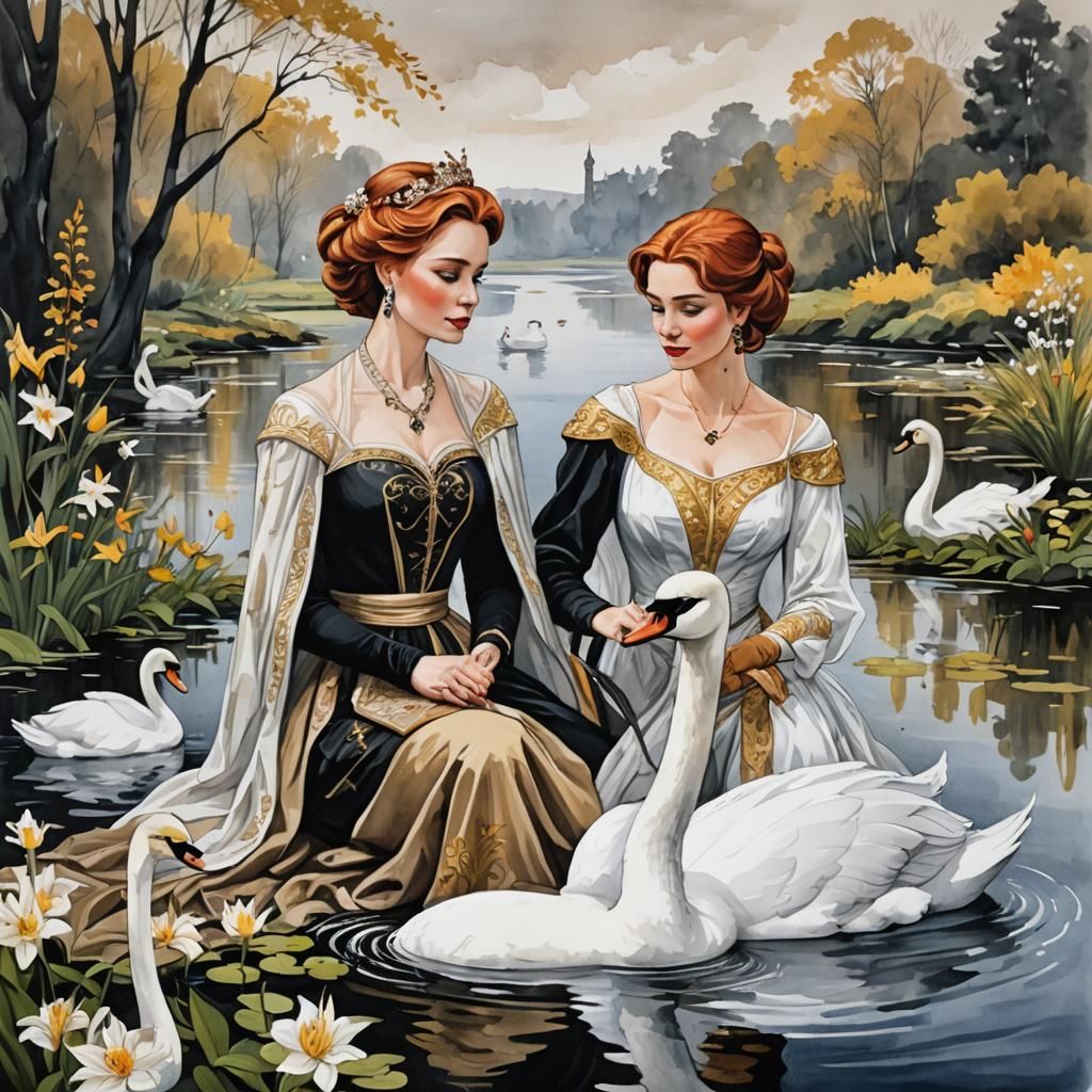 Elsa and Ortrud in Medieval Ink Painting