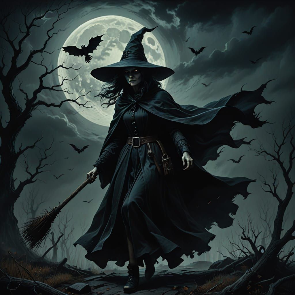 Eerie Witch Soaring in Dark Fantasy Oil Painting