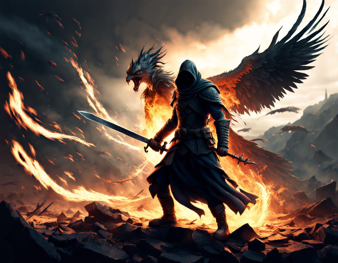 Fantasy Warrior Battles Maelstrom in a Desolate Landscape