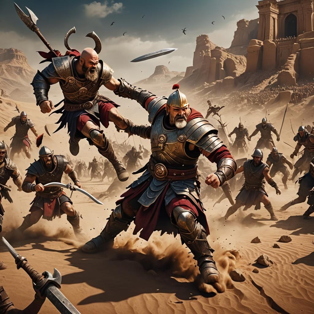 Gladiator Half-Dwarf Battles Desert Beast in Fantasy Arena