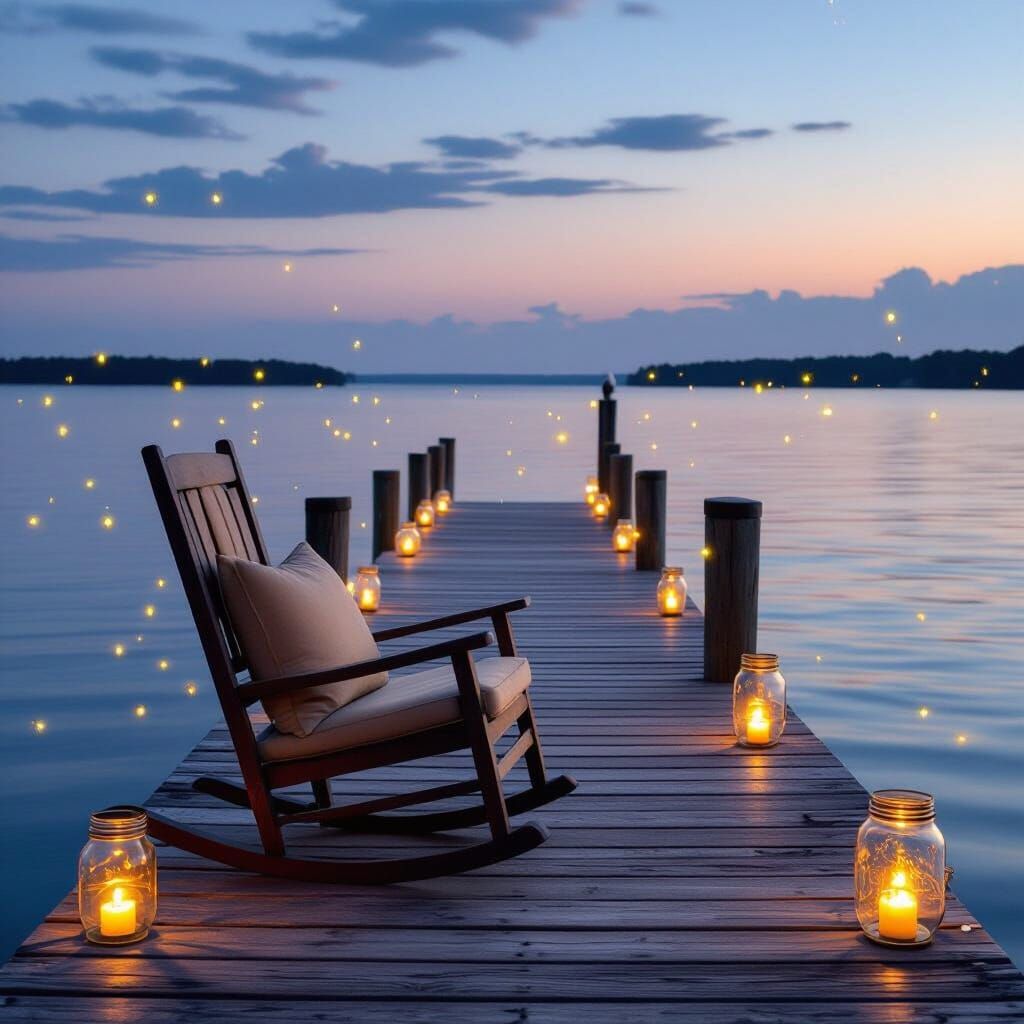 Twilight Dock With Fireflies in Cozy Landscape Style