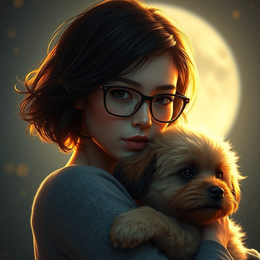 Dreamlike Girl Under Moonlight with Dog in Fantasy Art Style