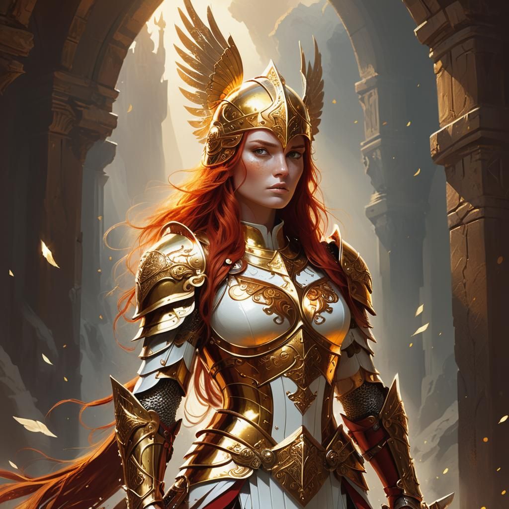 Red-Haired Warrior Woman in Gold Armor, Fantasy Art