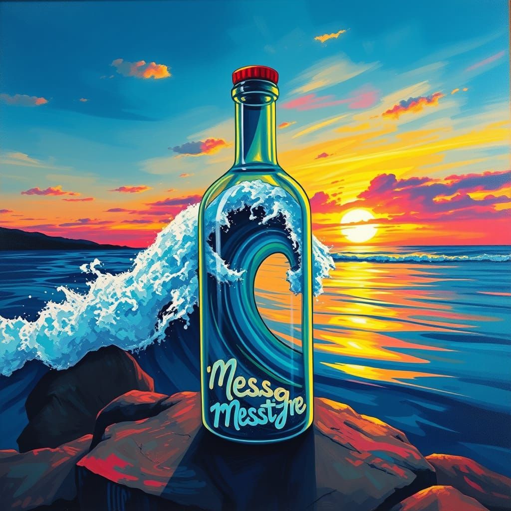 Vibrant Sunset Street Art with a Giant Wave and Message in a...