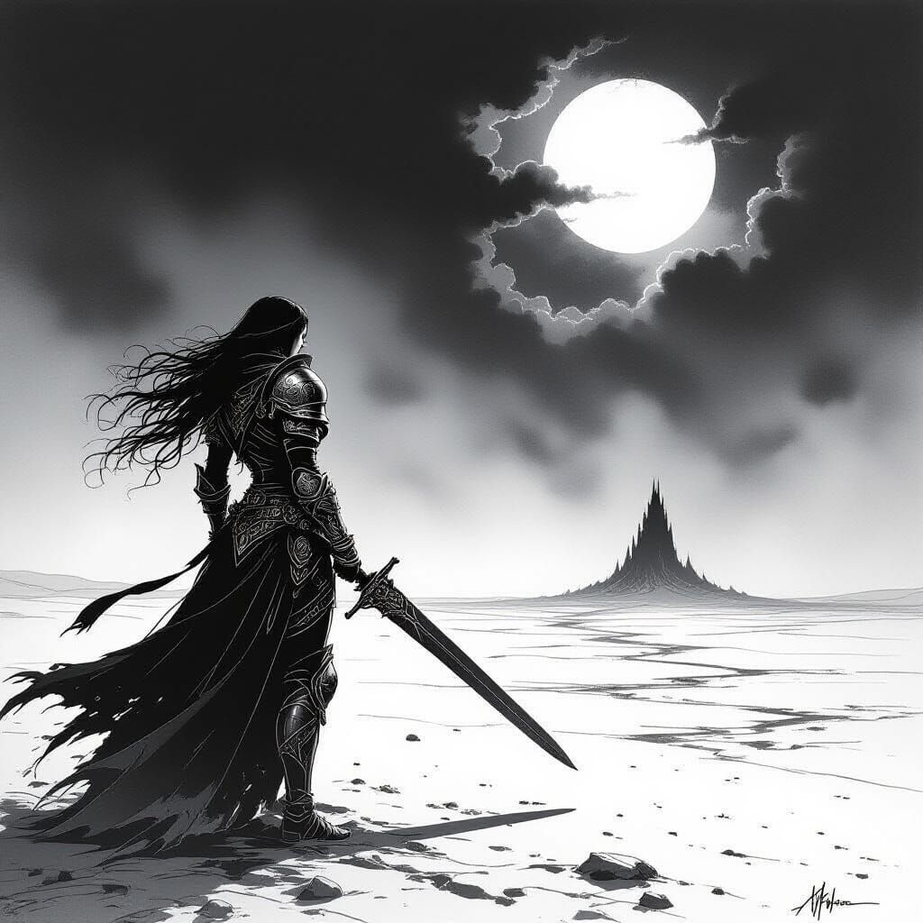 Warrior Woman on Desolate Plain in Dark Fantasy Armor