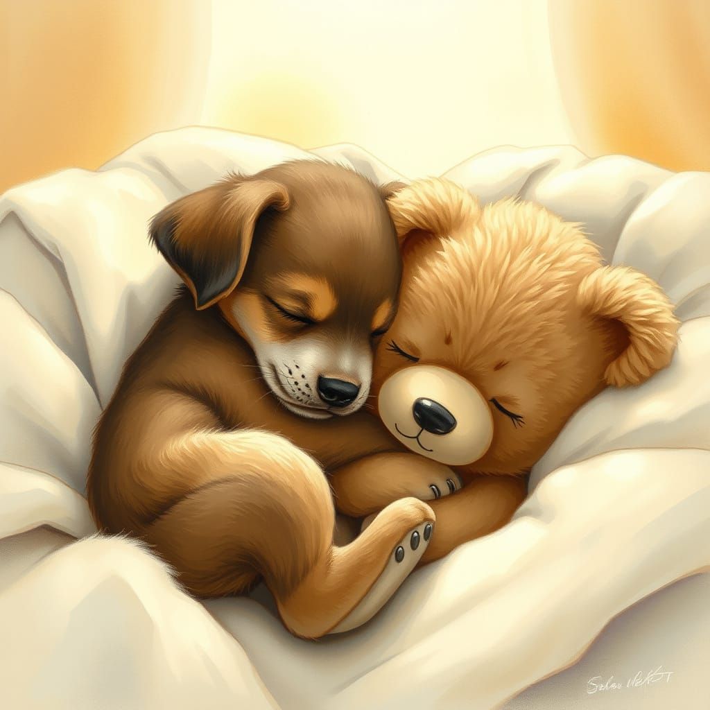 Cuddly Puppy and Vintage Teddy Bear in a Whimsical Dream
