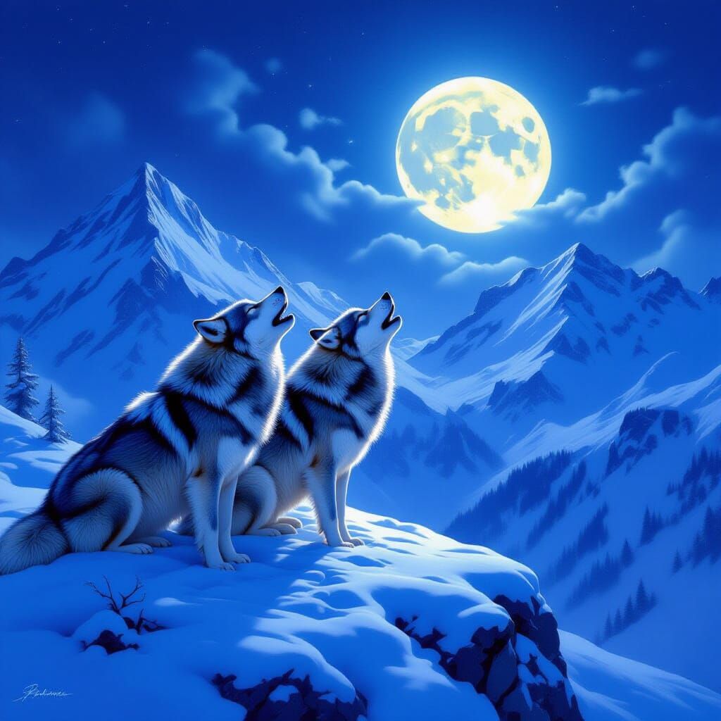 Majestic Wolf Pack Howling at Full Moon