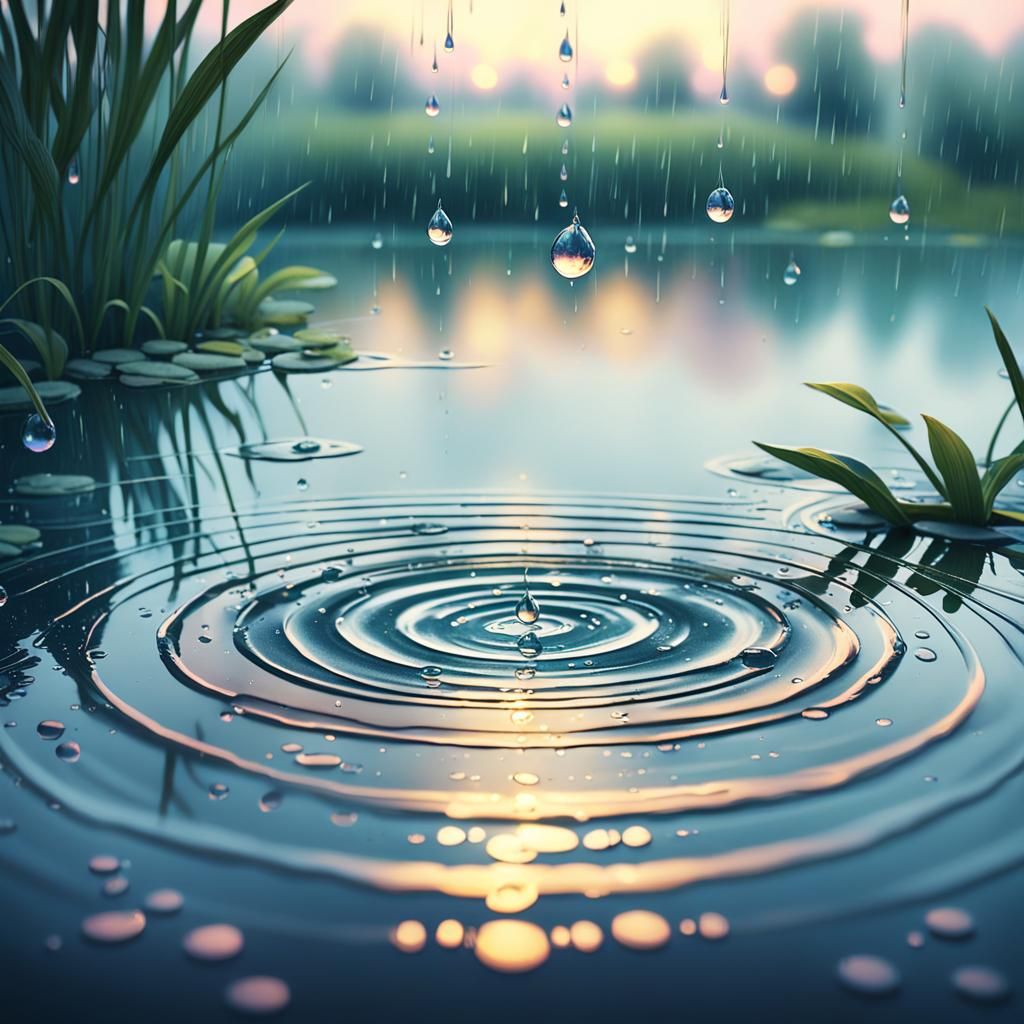 Rain Ripples: Serene Pond in Watercolor Impressionism