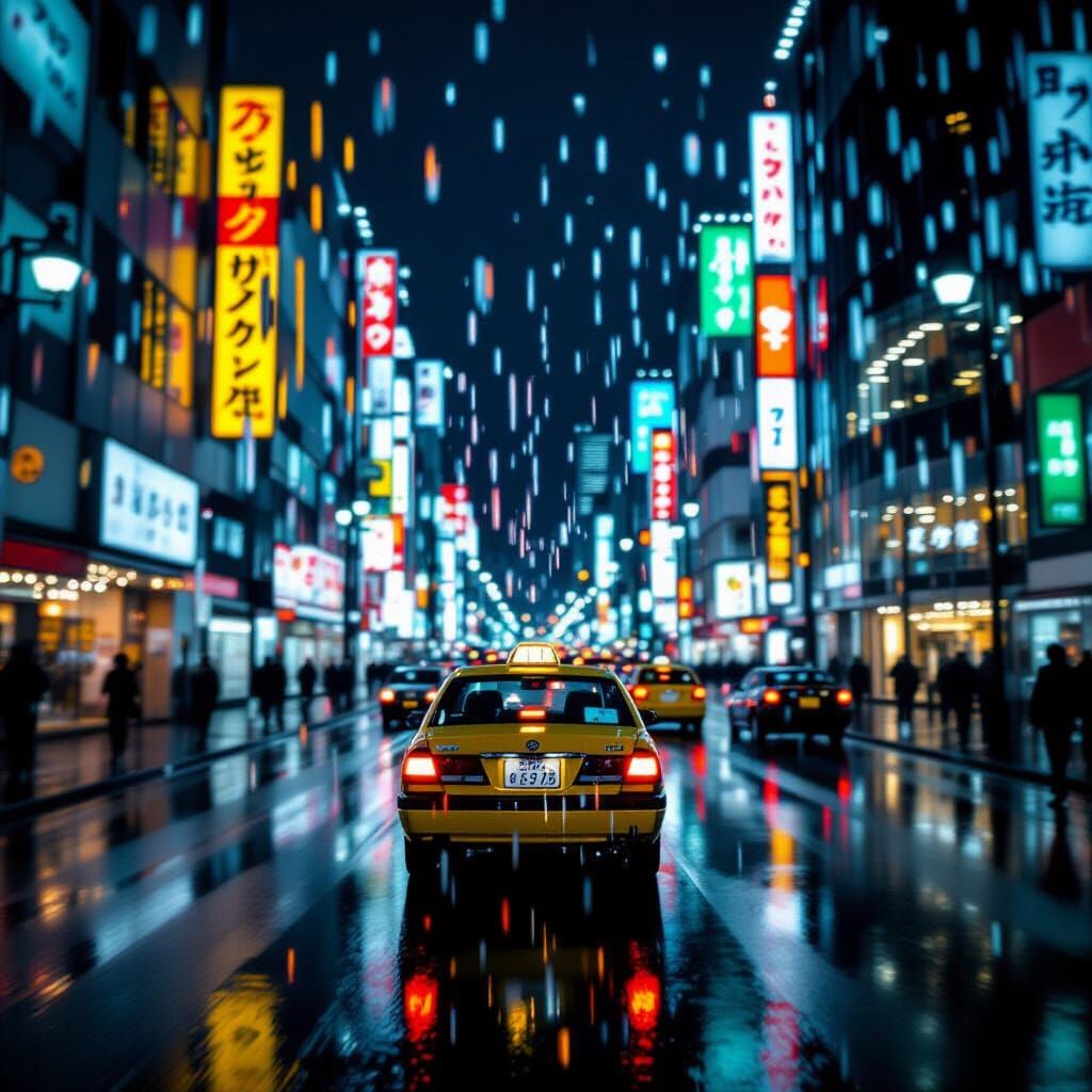 Tokyo Street at Night Through Rain-Streaked Window