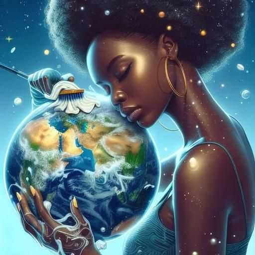 Emotional Lady Washing Earth: Artistic Photorealistic Render