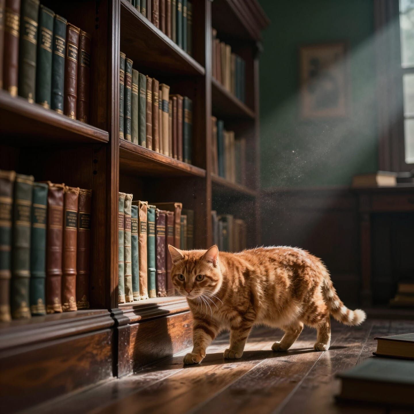 Ginger Cat in Dusty Victorian Library at Night