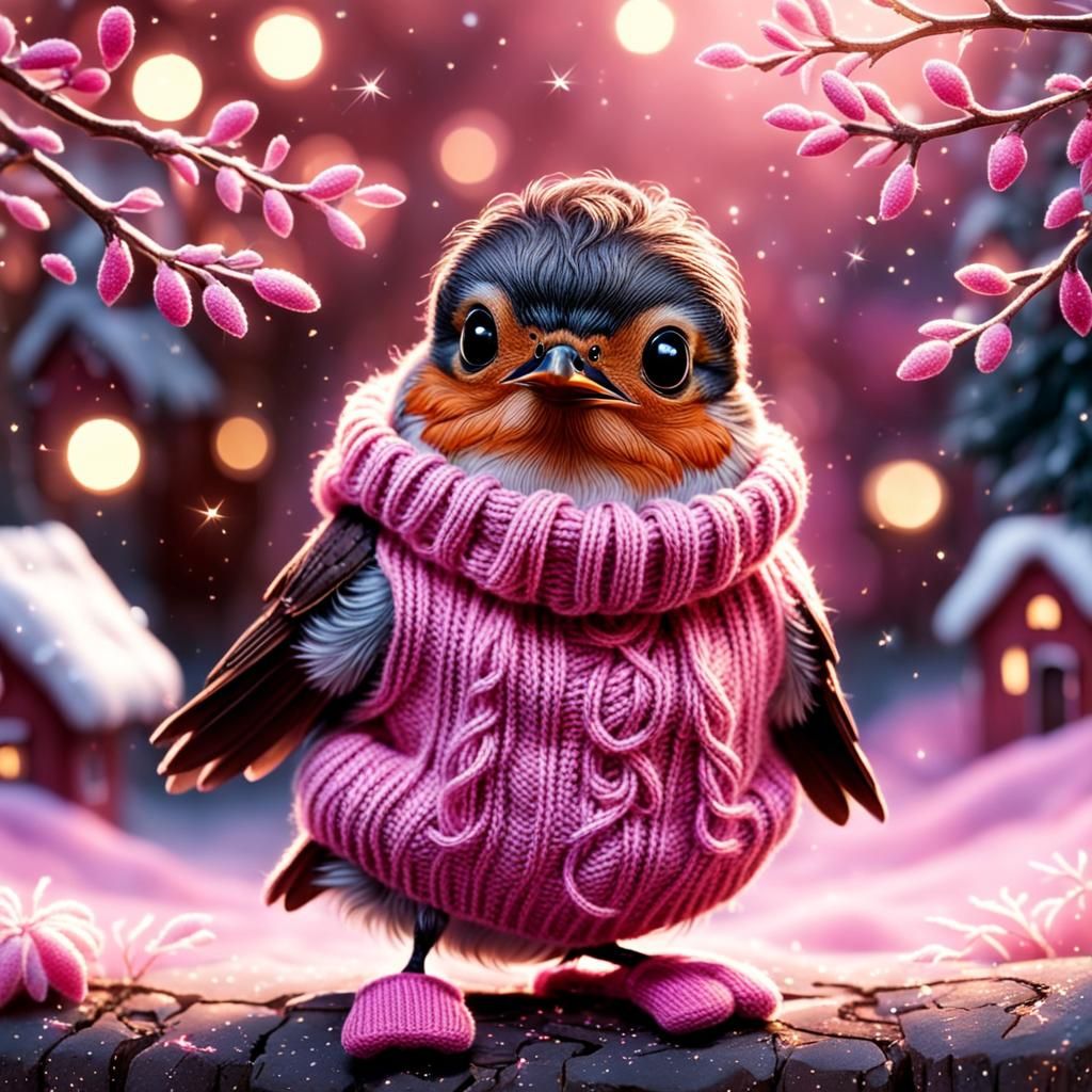 Cute Baby Robin in Pink Jumper