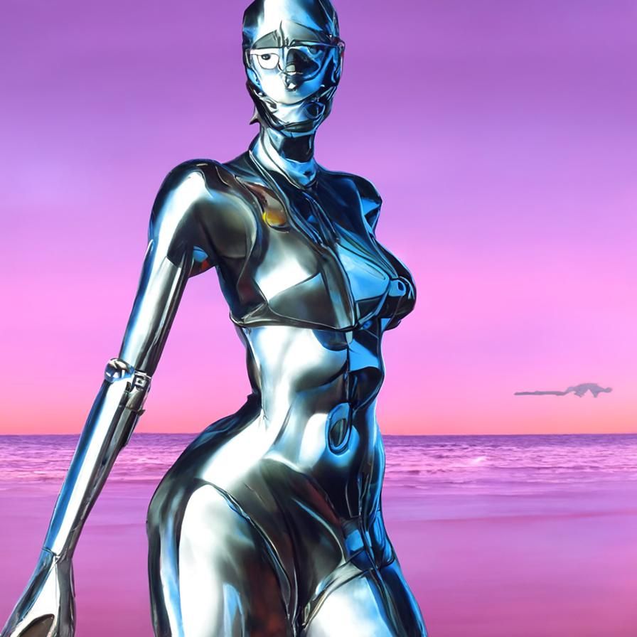 Chrome Robot Woman on Synthwave Beach
