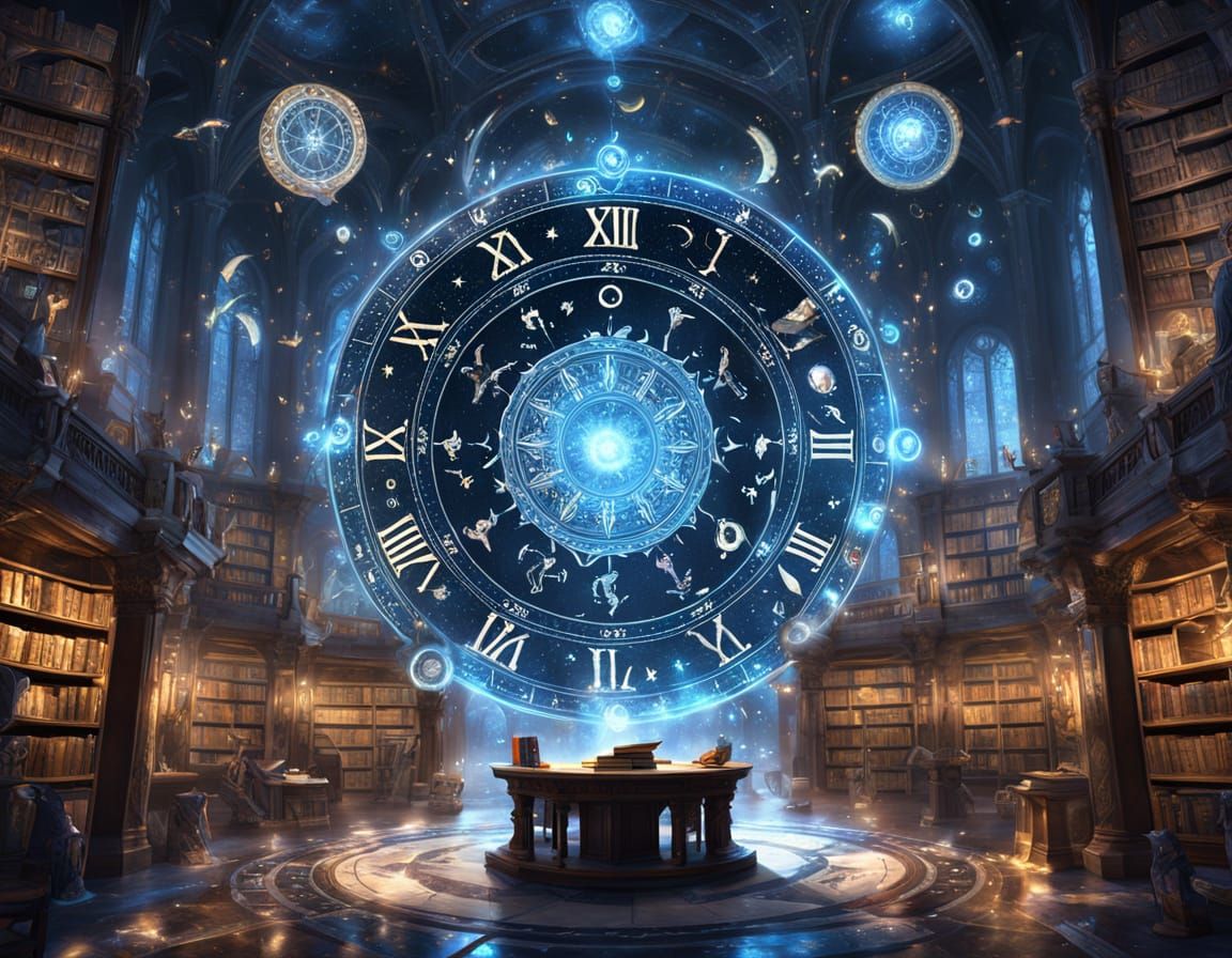 Celestial Zodiac Wheel in Arcane Library