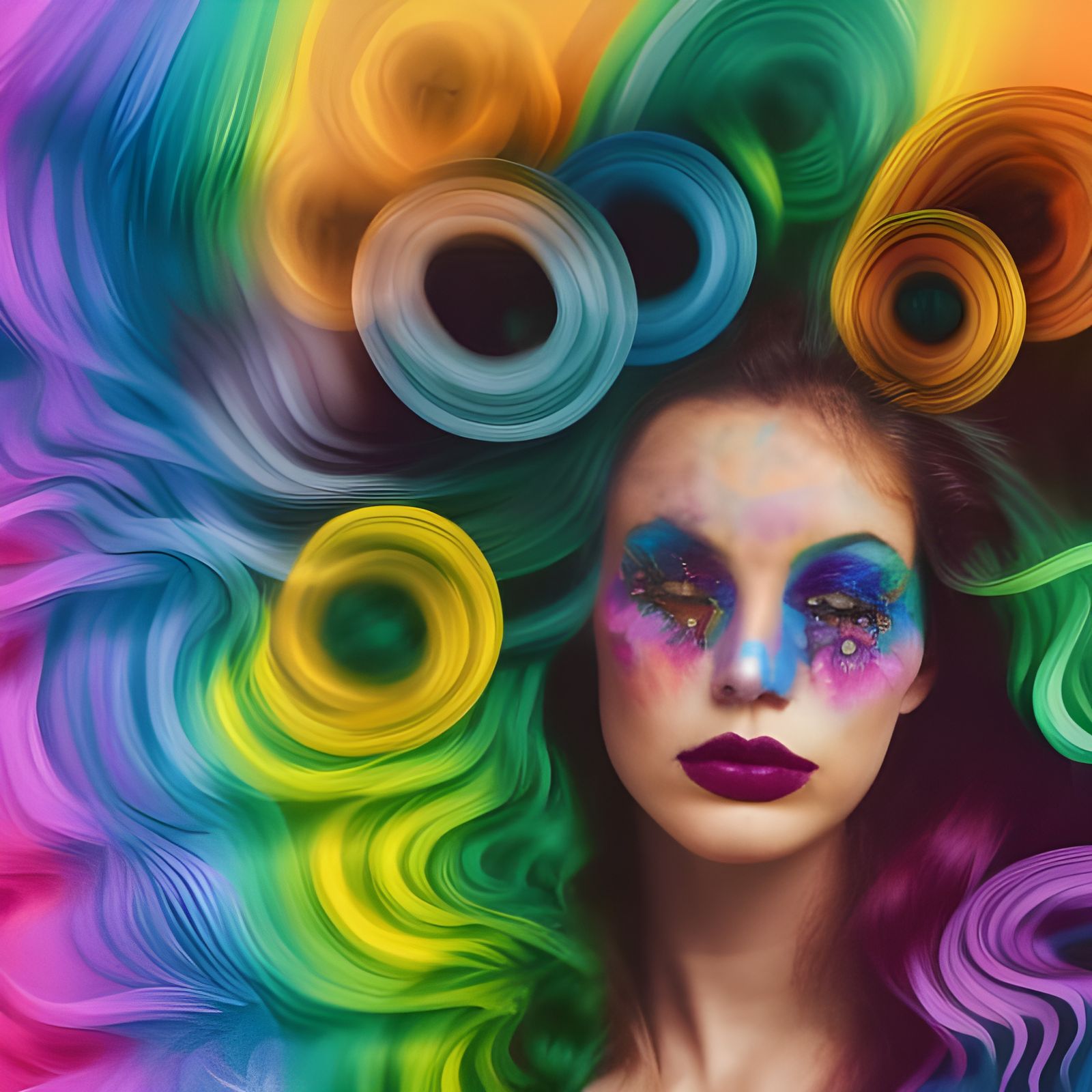 Psychedelic Woman with Rainbow Curls and Skulls
