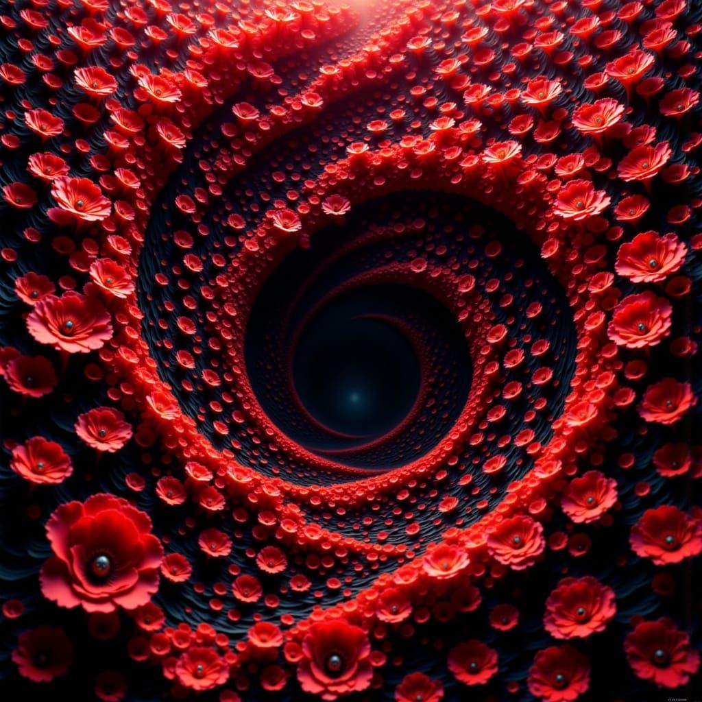 Surreal Escher Flower Tessellations with Red Black Gradients