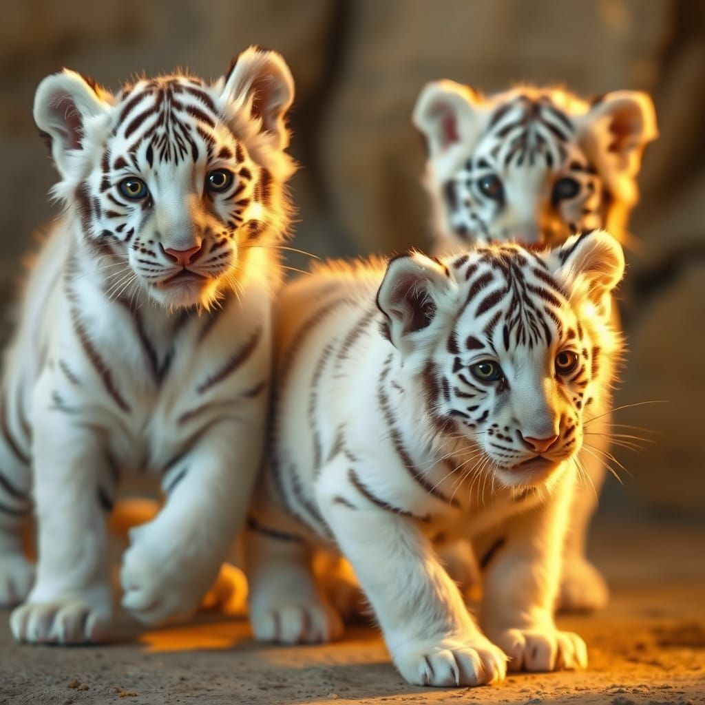 Whimsical White Tiger Cubs in Golden Light