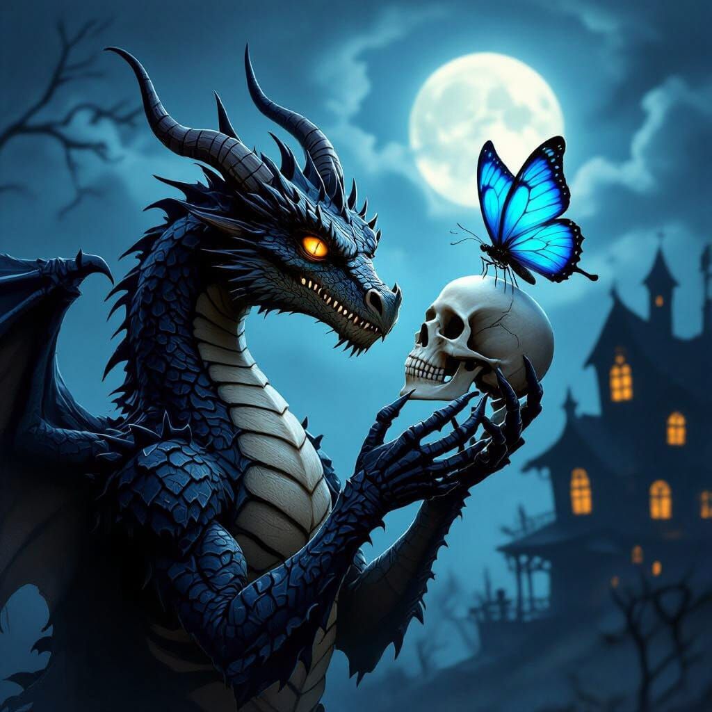 Spooky Dragon Whispers to Skeleton Head in Haunted House