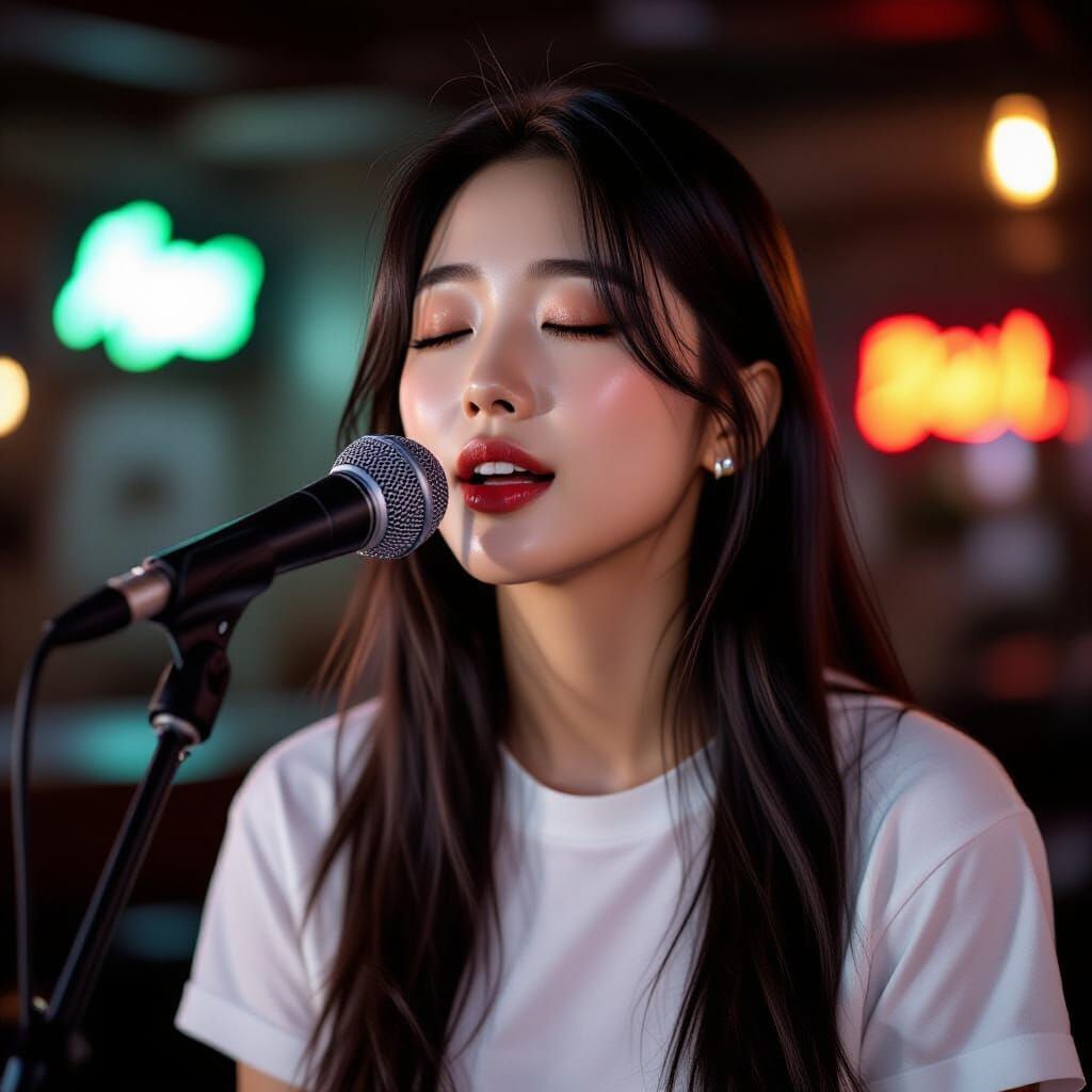 Korean Woman Singing Karaoke Eyes Closed