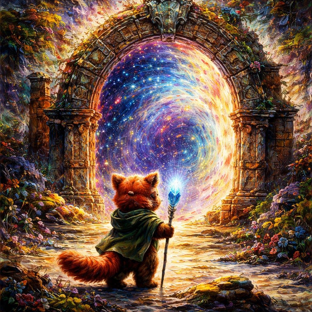 Red Panda in Space Ruins, Neo-Impressionist Style