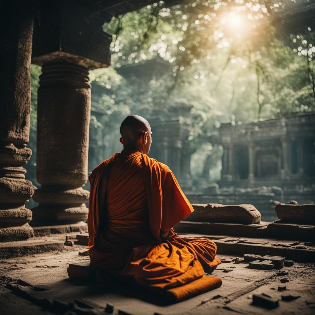 Buddhist Monk Praying in Abandoned Temple