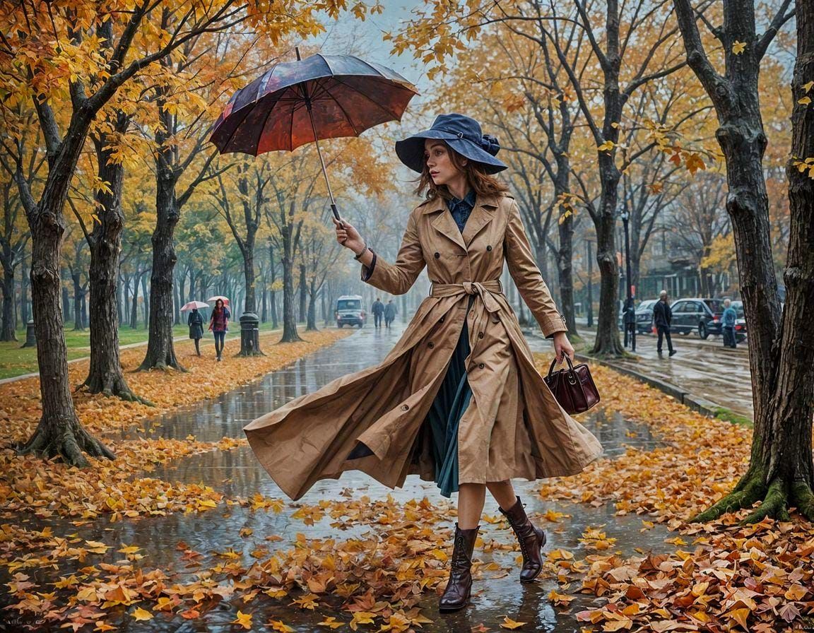 Woman and Umbrella in Autumn Wind, Oil Painting
