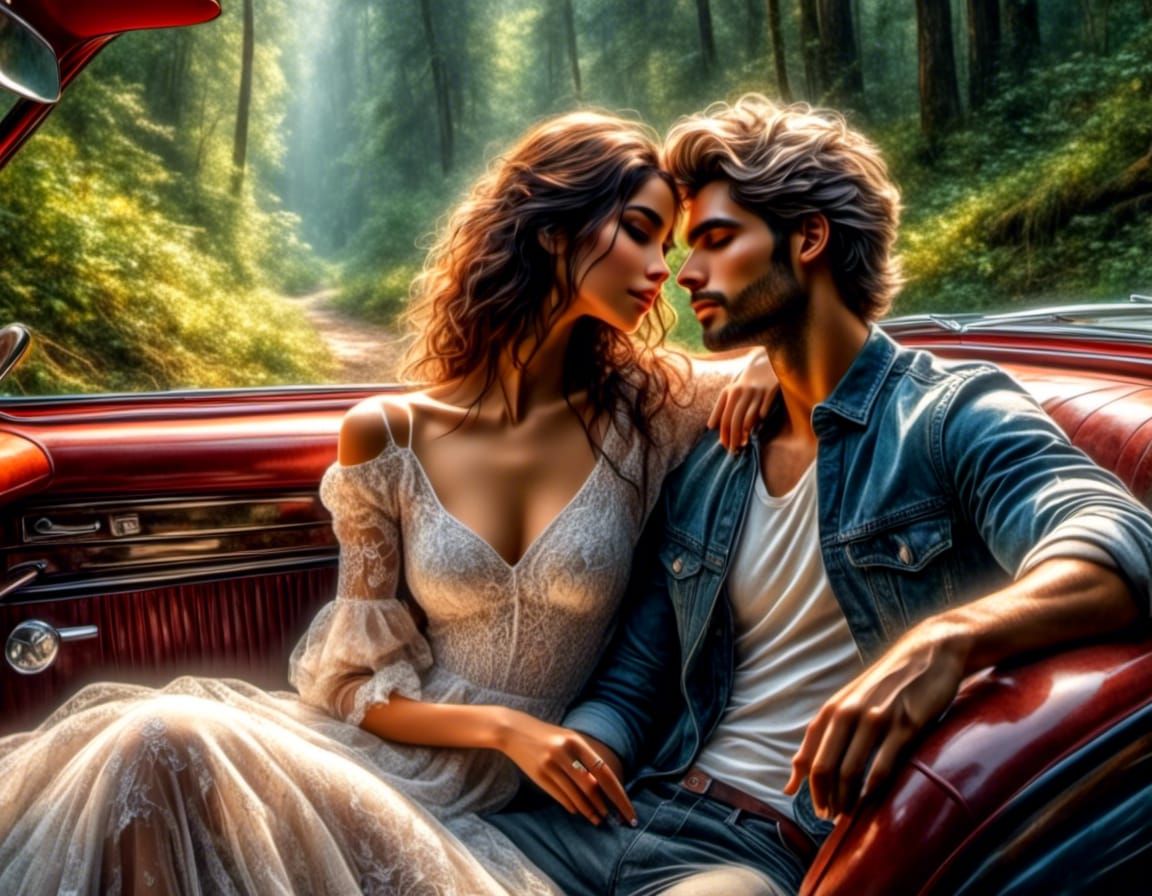 Romantic Couple in Car: Detailed Color Sketch