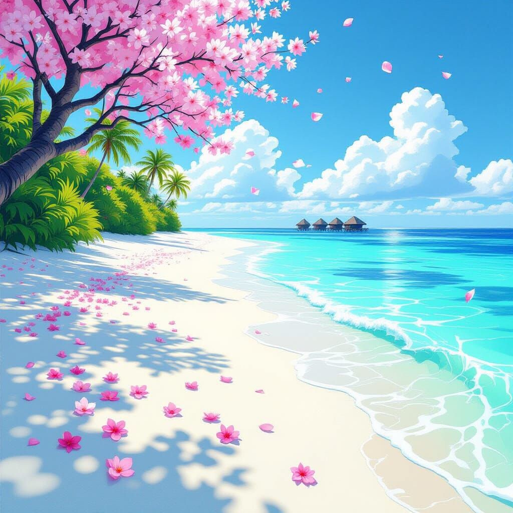 Cherry Blossoms on Maldives Beach, Hyperrealistic Digital Ar...