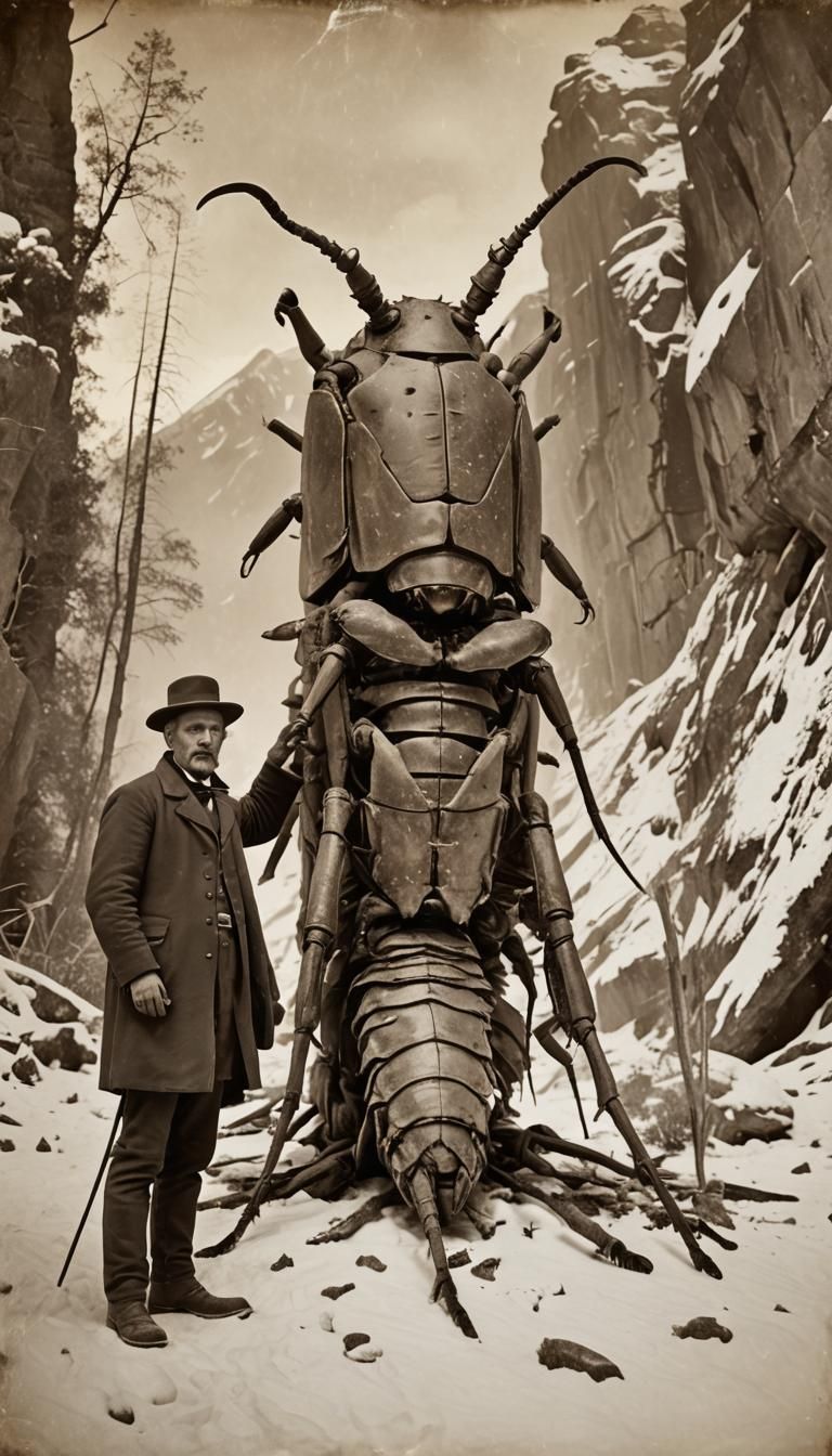 Victorian Explorer and Insect God Specimen in Sepia