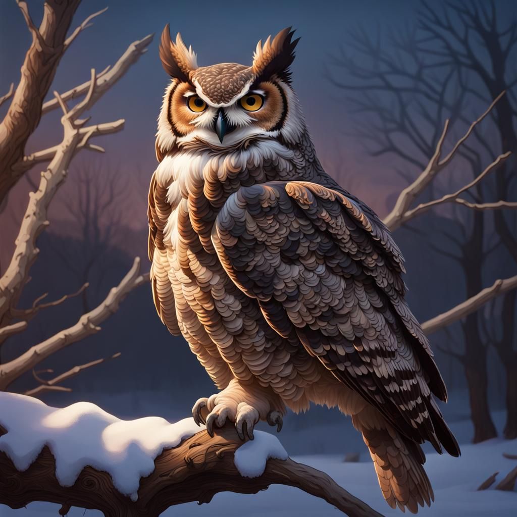 Great Horned Owl in Winter Landscape, Fantasy Art