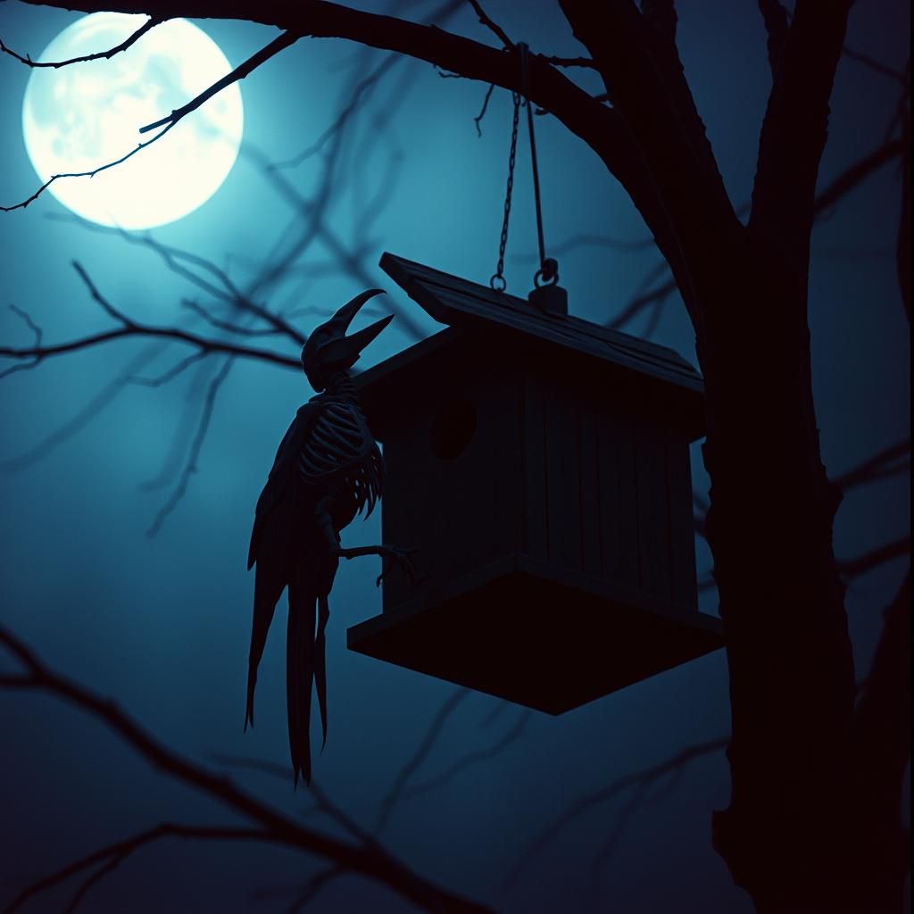 Haunted Birdhouse with Raven Skeleton in Moonlight