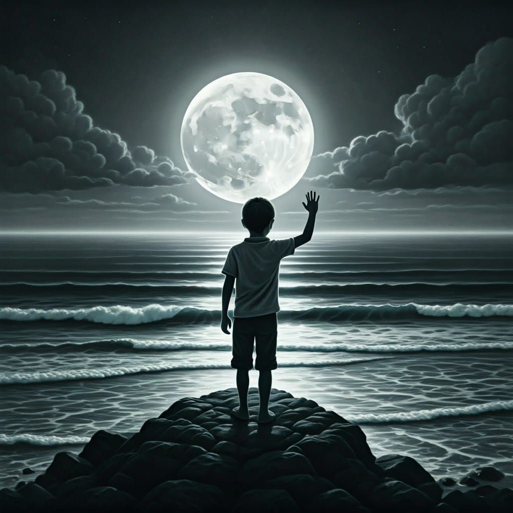 Moonlit Silhouette: Boy on Hilltop, Charcoal Drawing