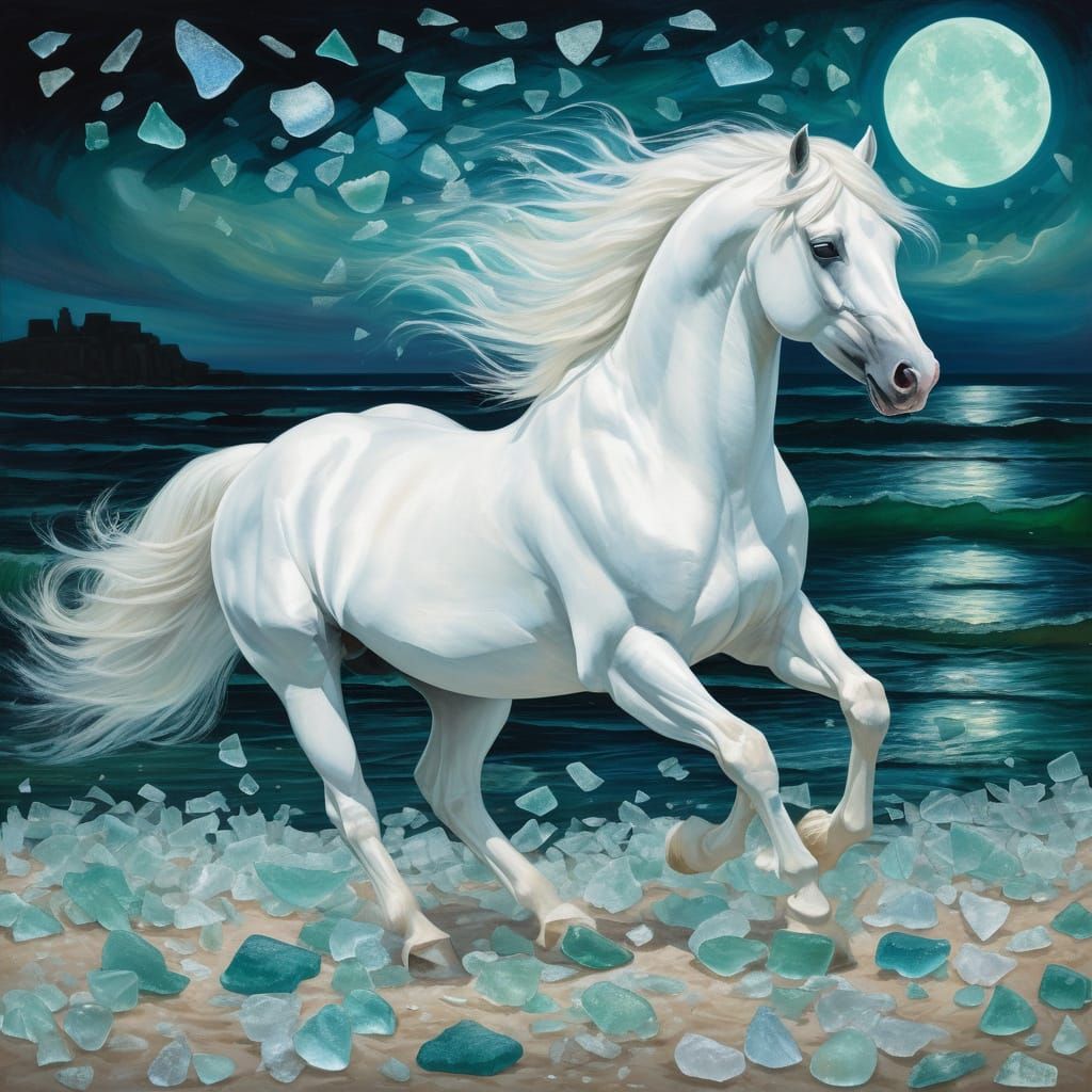 Majestic White Stallion Gallops Through Luminous Sea Glass