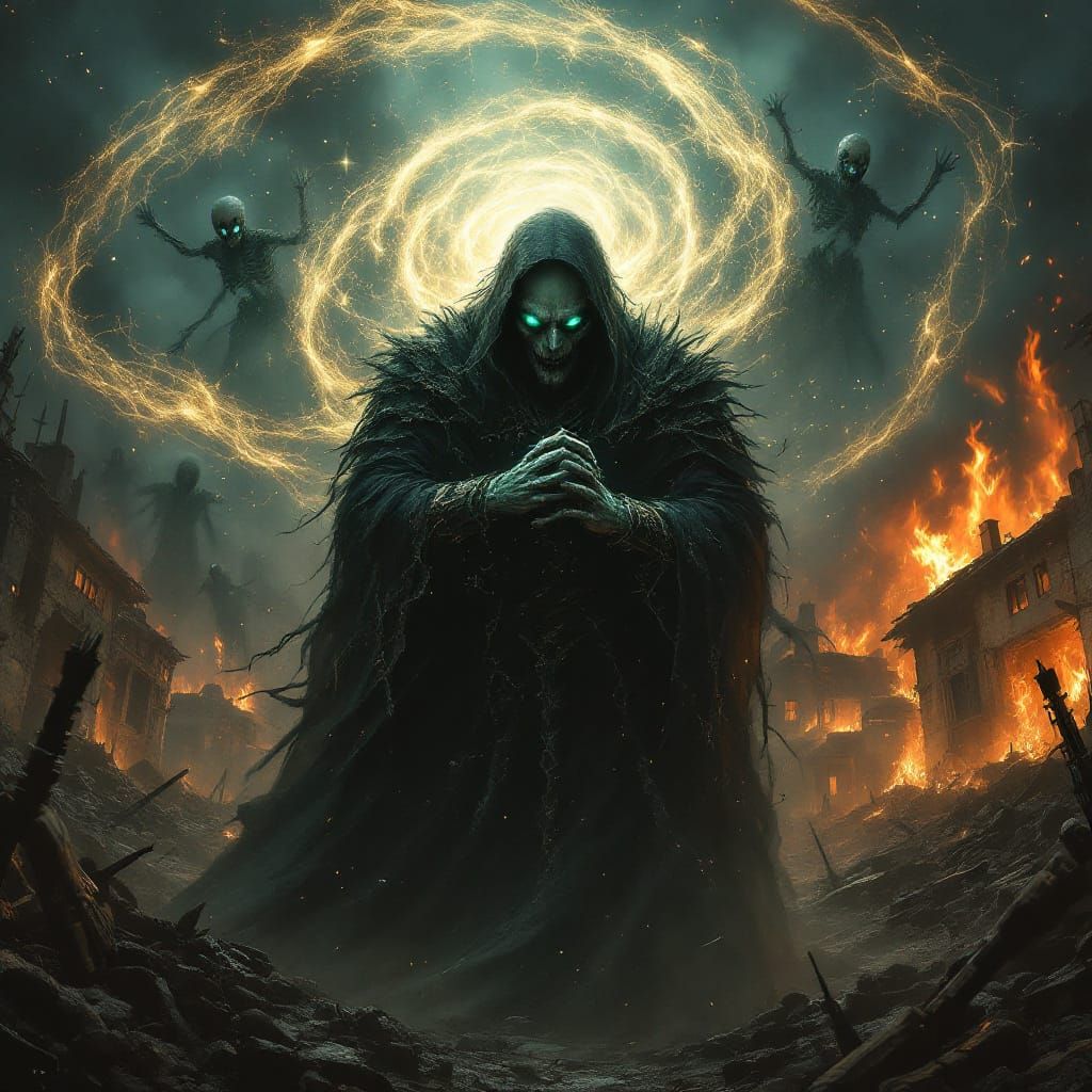 Necromancer Summons Undead Amidst Burning Village