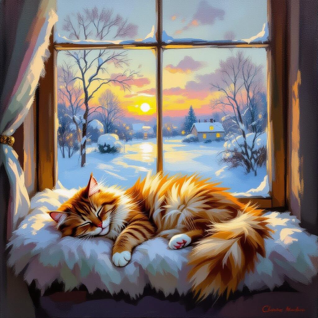 Cozy Cat Sleeping in Lamplight, Snowy Window View