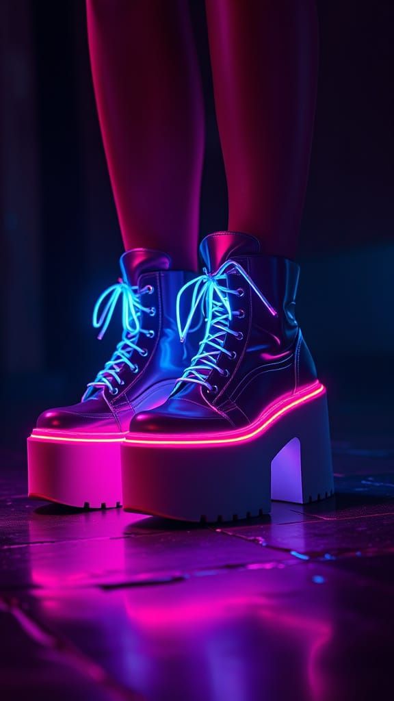 Glowing Neon Platform Boots in Moody, High-Contrast Lighting