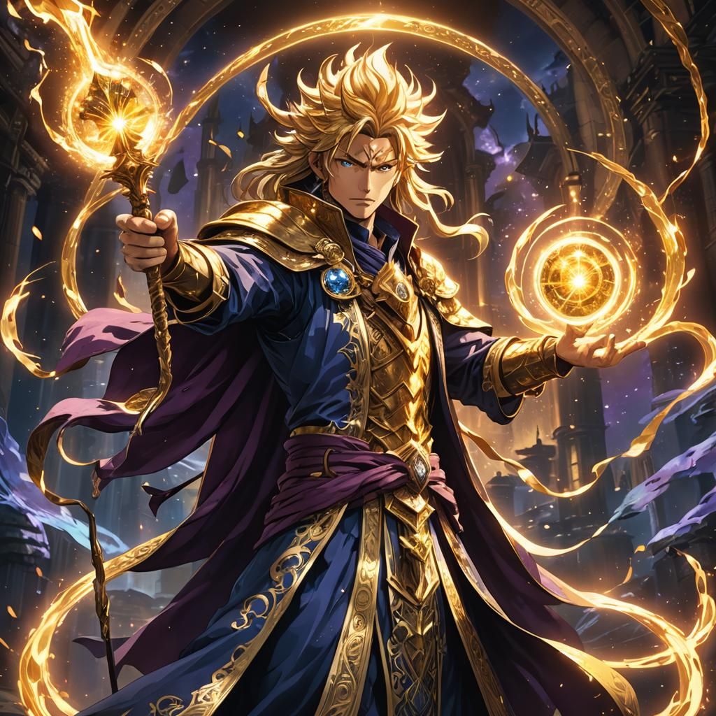 Sorcerer with Golden Staff in Anime Style