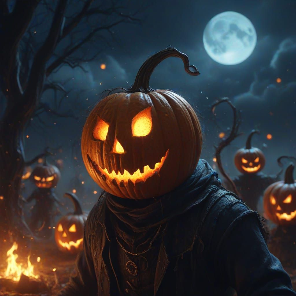 Gothic Festival of Glowing Pumpkins Under Indigo Sky