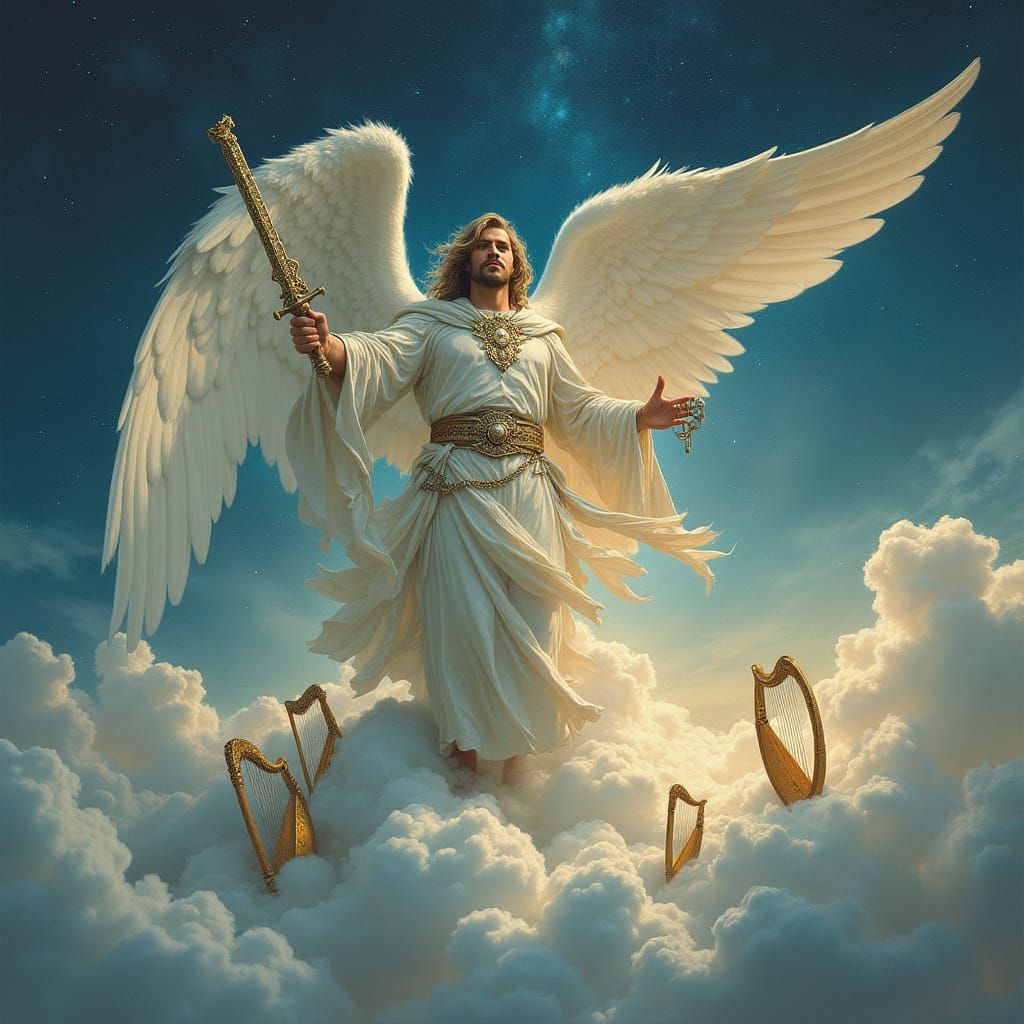 Majestic Angel with Sword in Starry Heaven