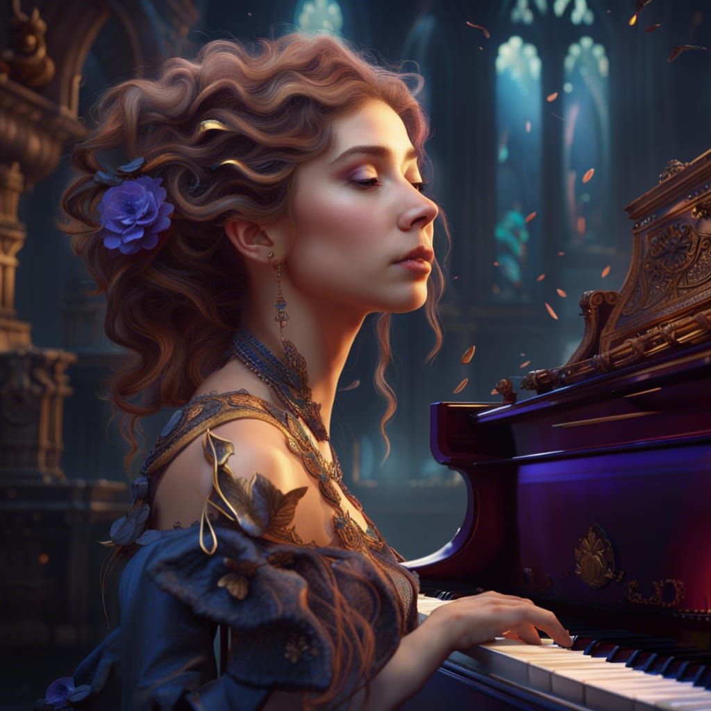 Pianist Immersed in Music: Detailed Matte Painting