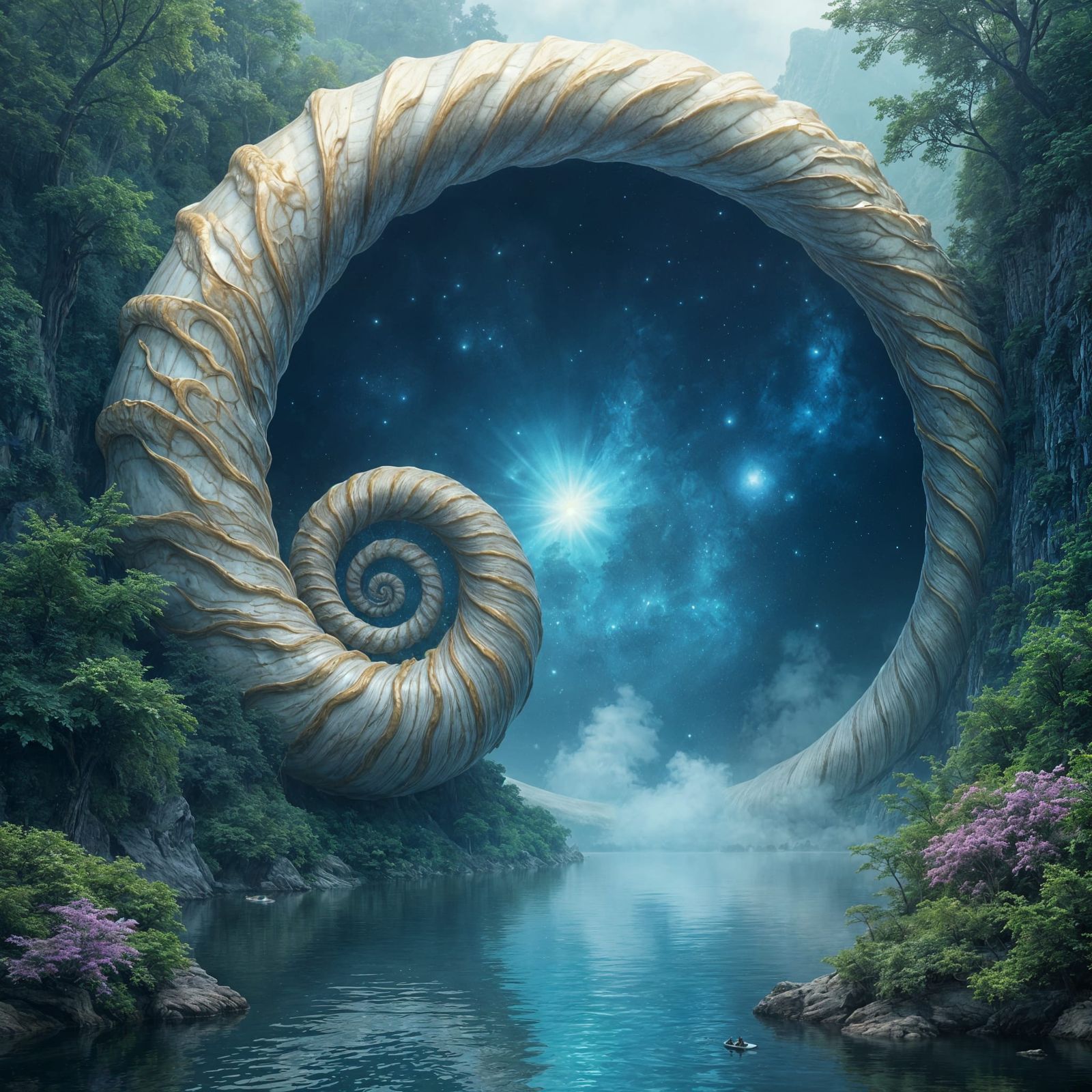 Serene Ethereal Nautilus Shell Arch over Mystical River Land...