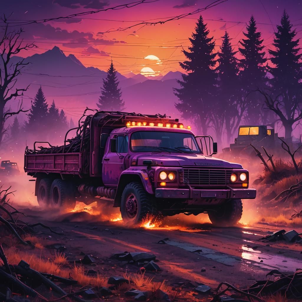 Synthwave Soviet Trucks in Neon Sunset