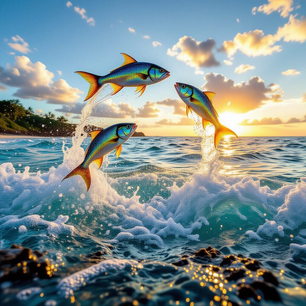 Stunning Wide-Angle Photo of Fish Leaping from Turquoise Sea