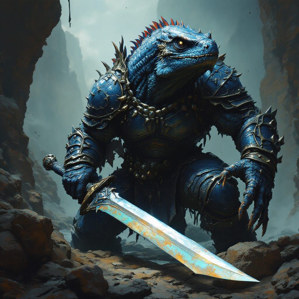 Imposing Iguana Warrior in Indigo Armor Wielding Iridescent ...