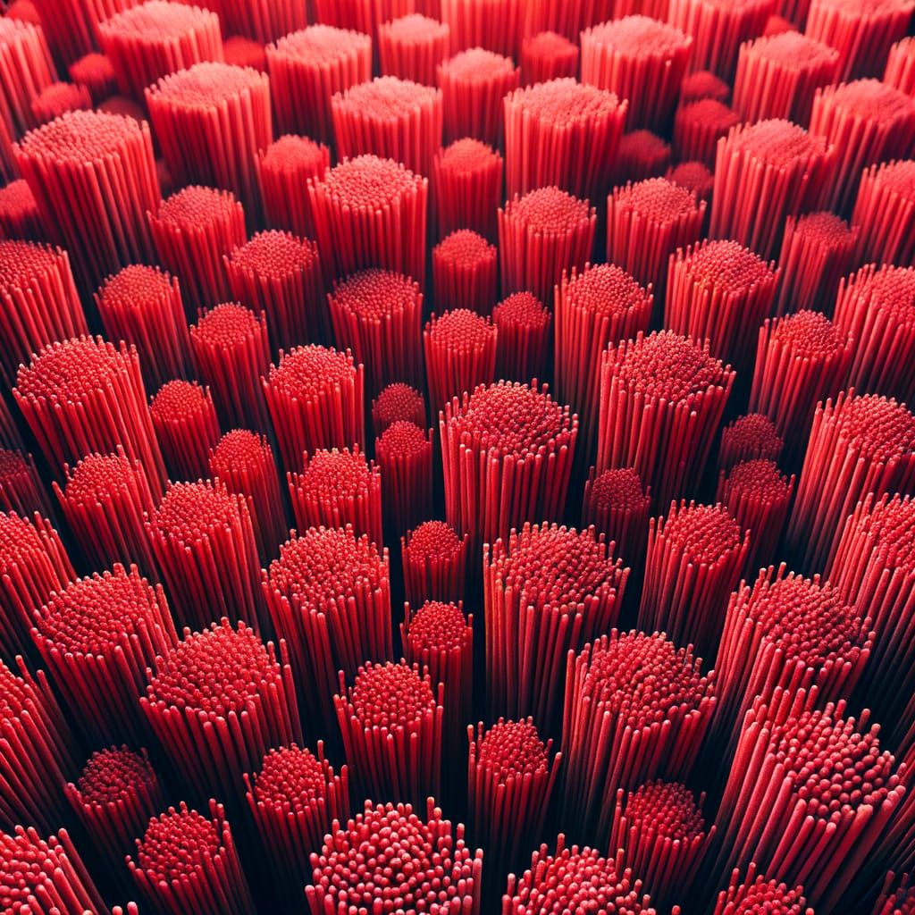 Close-Up of Vibrant Red Incense Sticks in Uniform Rows