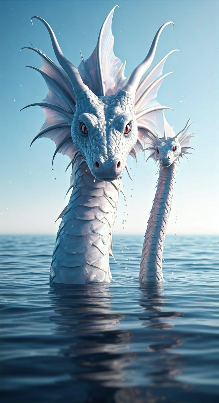 Iridescent Sea Serpent with Baby, Ethereal Underwater Scene