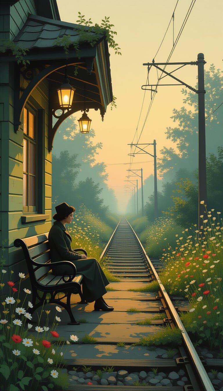 Twilight Railway Station with Traveler in Golden Light