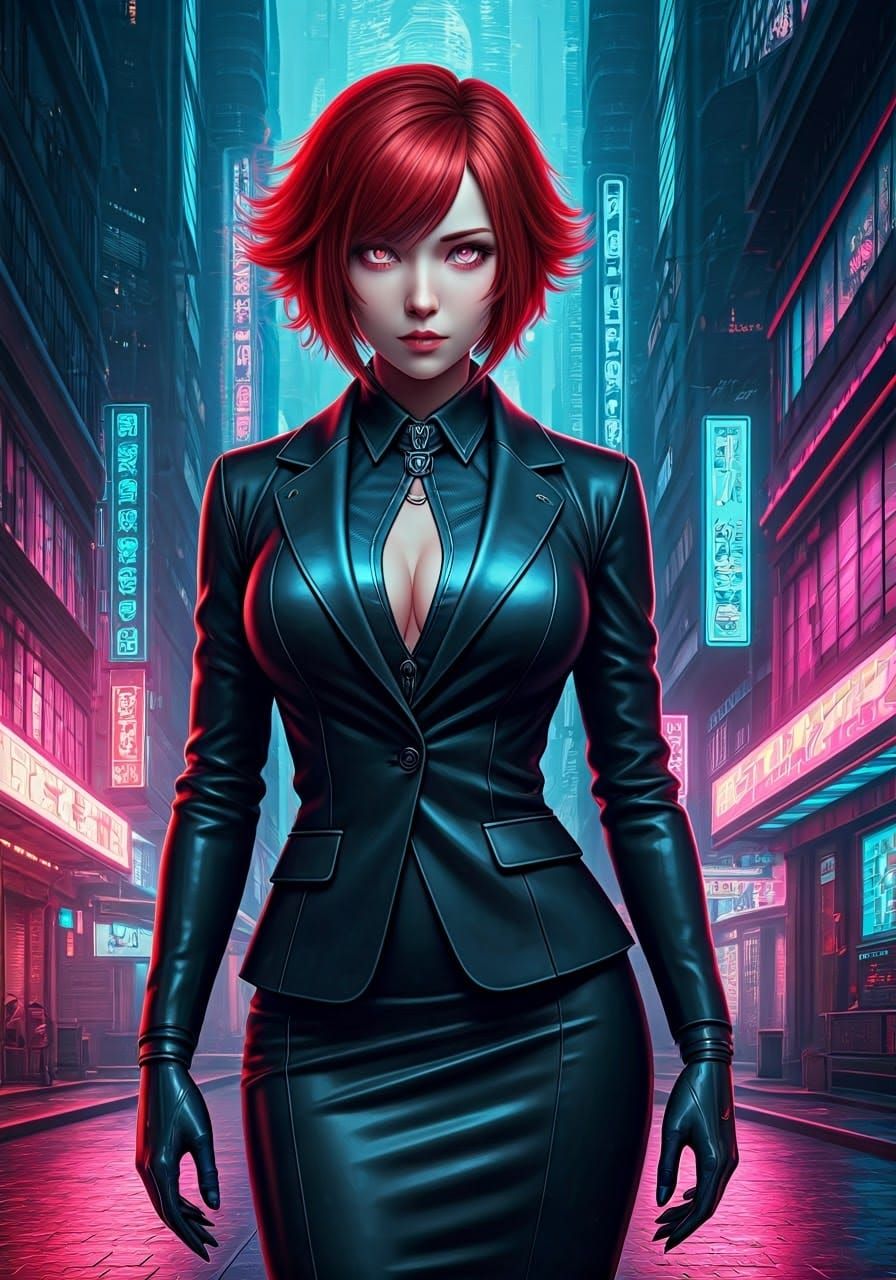 Futuristic Cyberpunk Businesswoman in Neon Cityscape